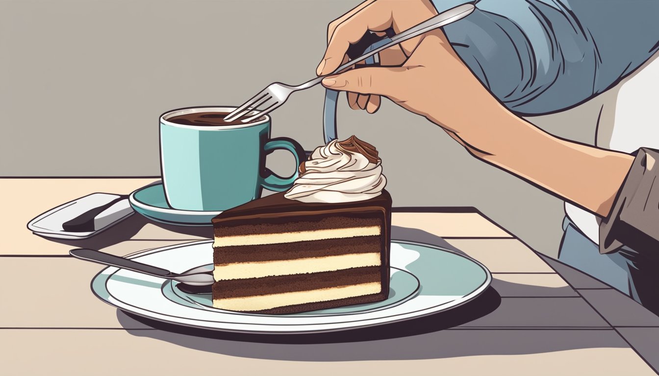 A person uses a fork to cut into a slice of tiramisu cake on a plate, with a cup of coffee beside it