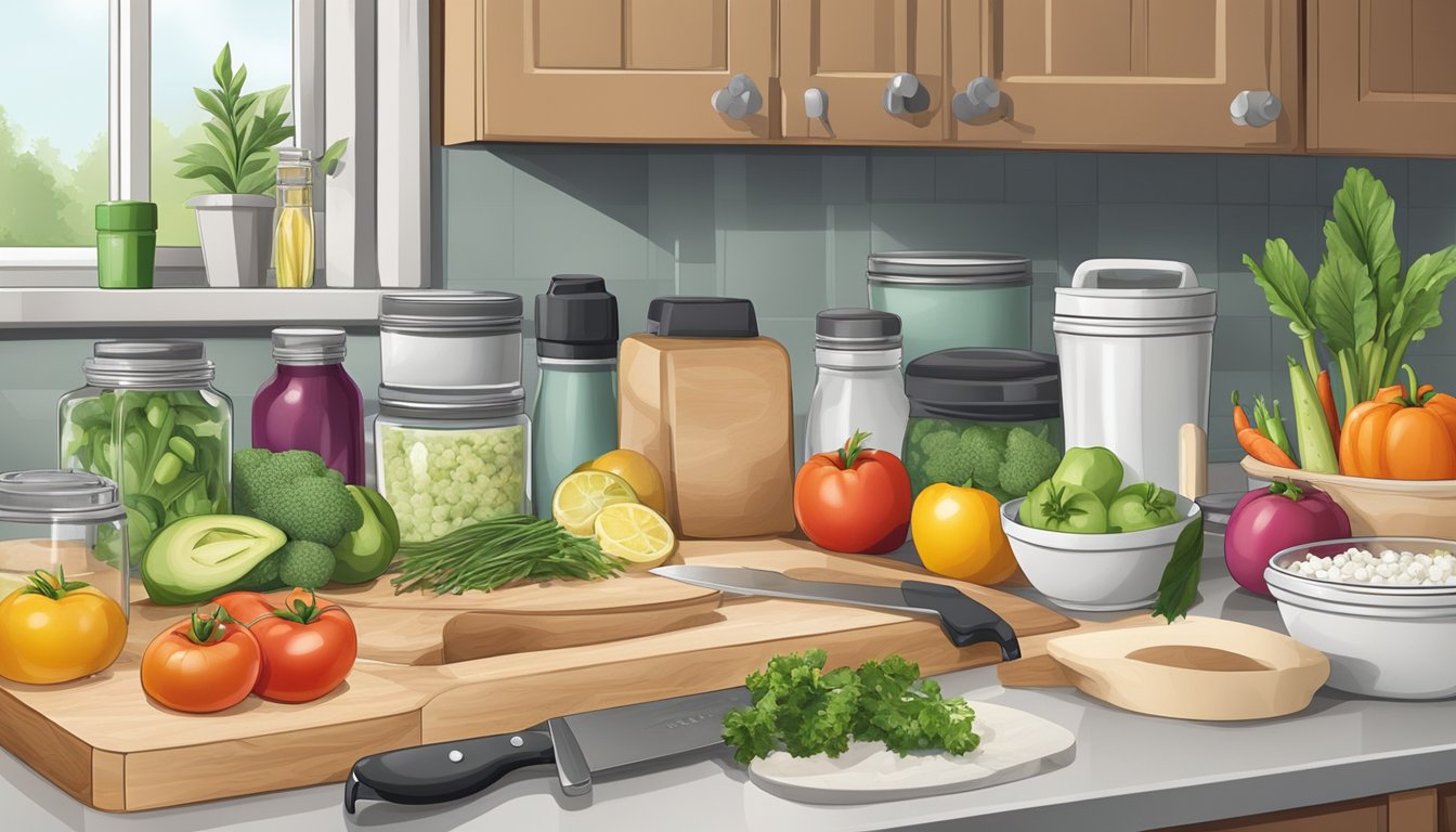 A kitchen counter with various fresh ingredients, cutting boards, knives, and containers for meal prepping