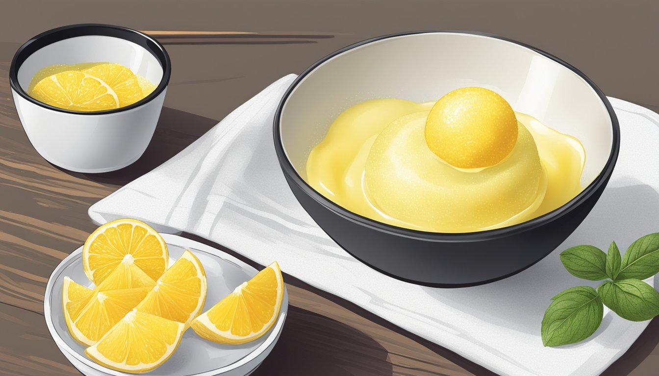 A yuzu sorbet is being scooped into a small bowl with a garnish of fresh yuzu zest on top