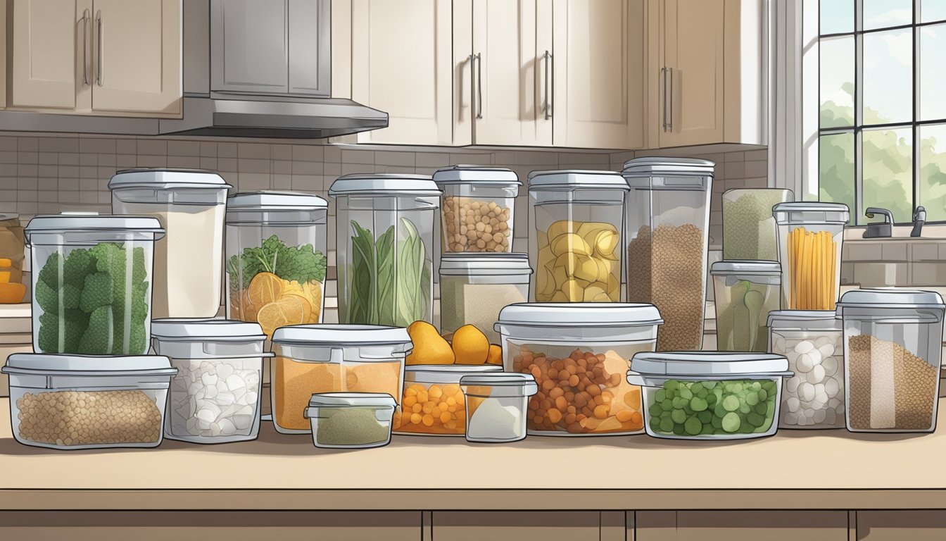 A kitchen counter with organized containers of prepped ingredients and labeled storage bags. Prep tools and recipe notes are neatly arranged nearby