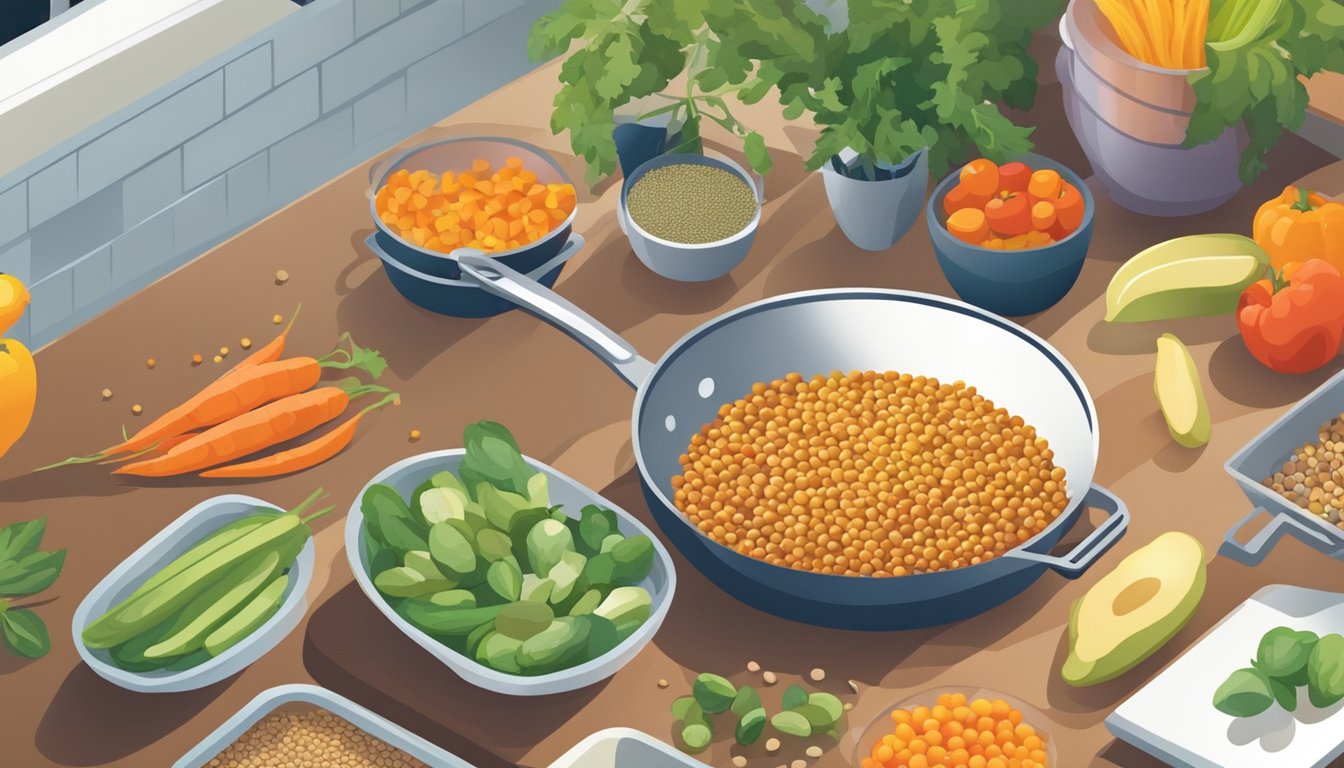 A kitchen counter with fresh produce, grains, and legumes neatly organized in containers. A cutting board with colorful vegetables being chopped, and a pot simmering on the stove