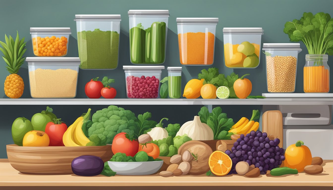 A colorful array of fresh fruits, vegetables, grains, and legumes arranged neatly on a kitchen counter, ready for vegan meal prep