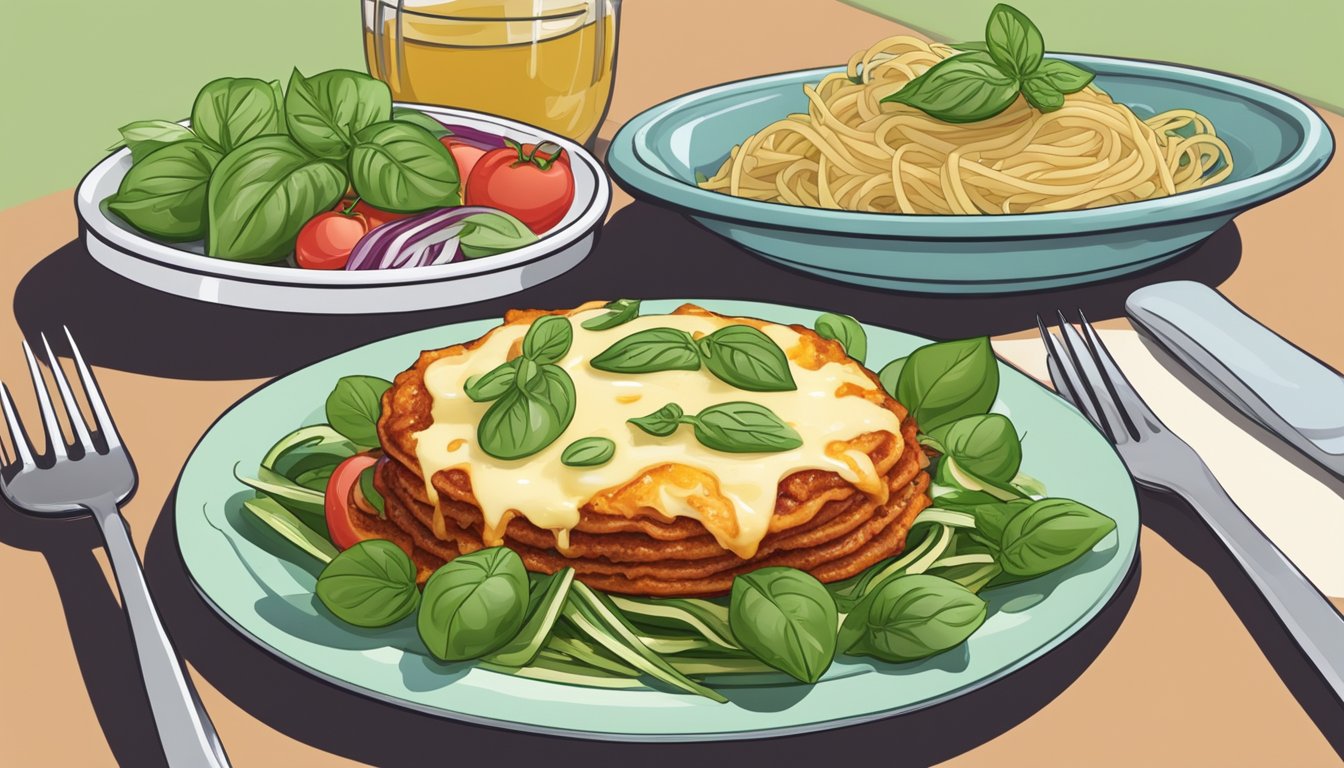 A plate of zucchini parmigiana topped with melted cheese and fresh basil, accompanied by a side of pasta and a colorful salad