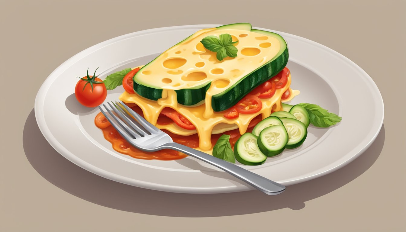 A fork piercing through layers of zucchini, tomato sauce, and melted cheese on a plate