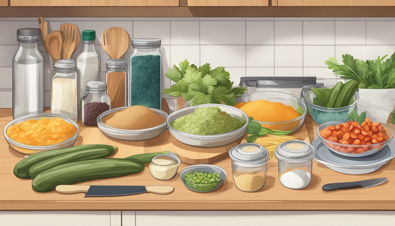 A kitchen counter with various gluten-free ingredients neatly organized in containers, alongside cutting boards, knives, and cooking utensils for efficient meal prep