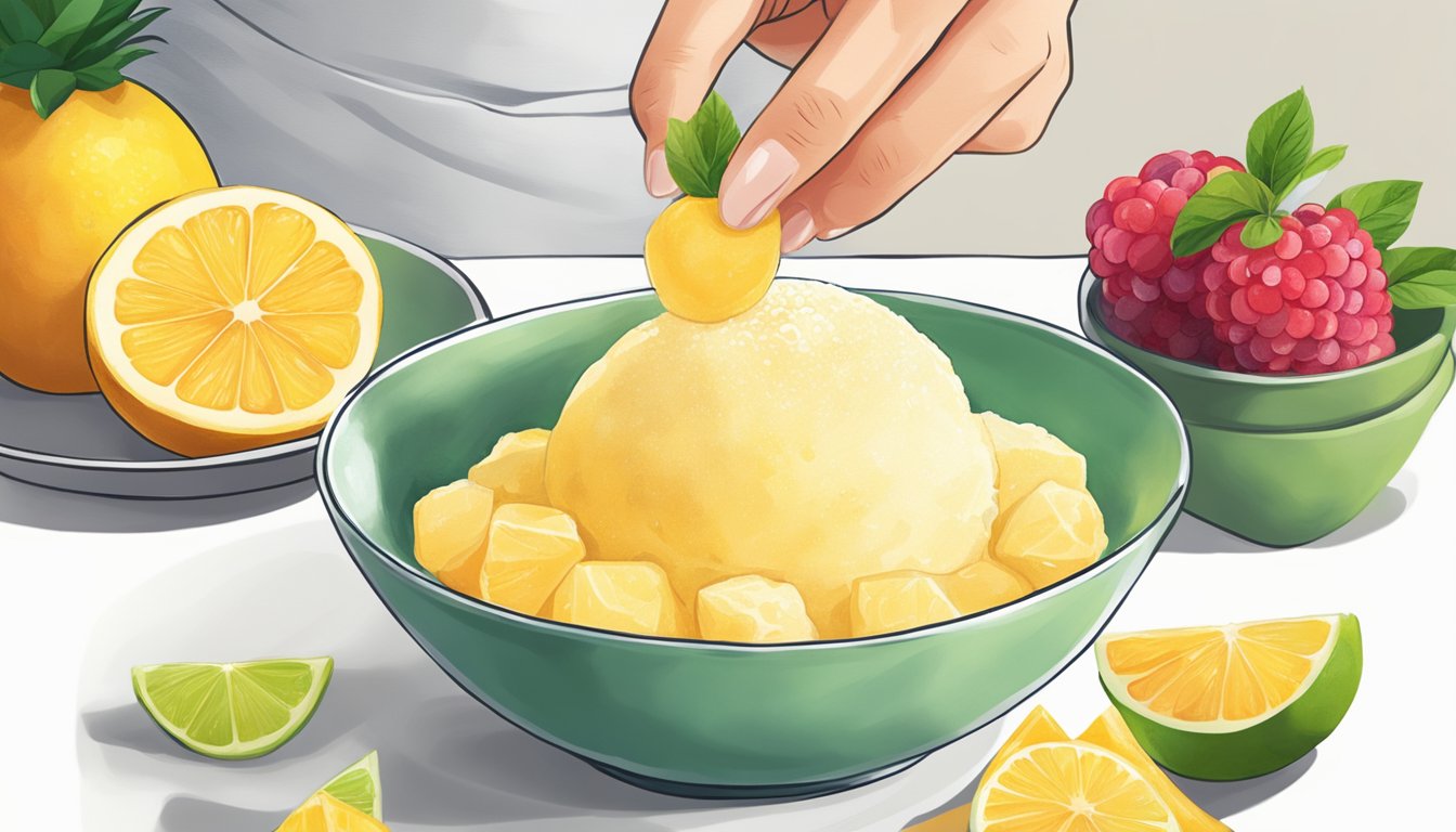 A person scooping yuzu sorbet into a bowl with fresh fruit garnish next to a nutritional information label