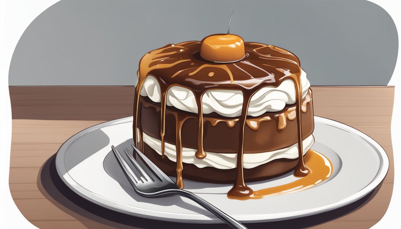 A toffee pudding sits on a white dessert plate with a dollop of whipped cream and a drizzle of caramel sauce. A fork is positioned next to the pudding