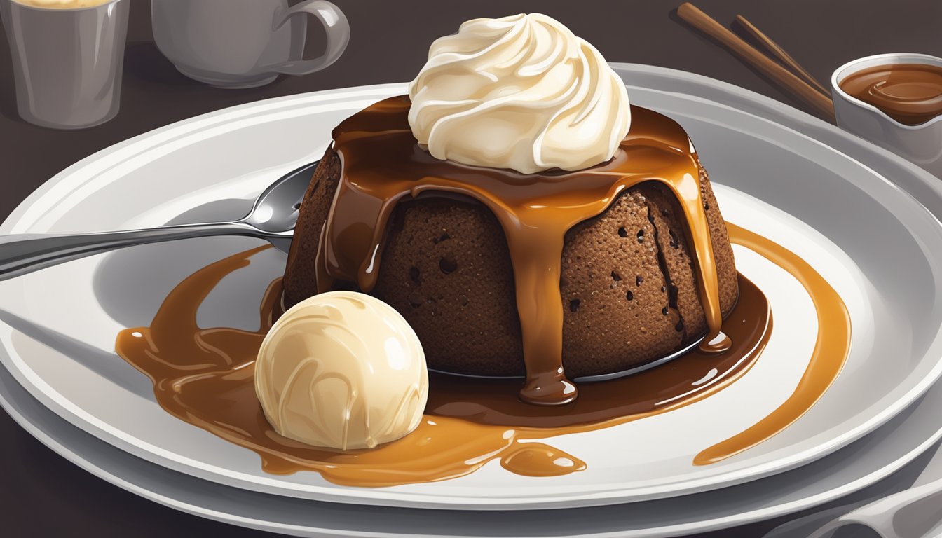 A toffee pudding sits on a white plate, topped with a scoop of vanilla ice cream and drizzled with caramel sauce