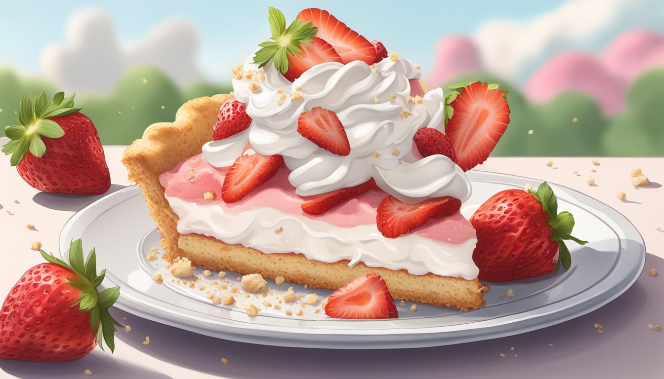 A slice of strawberry shortcake on a white plate with fresh strawberries and whipped cream on top, surrounded by a few scattered crumbs