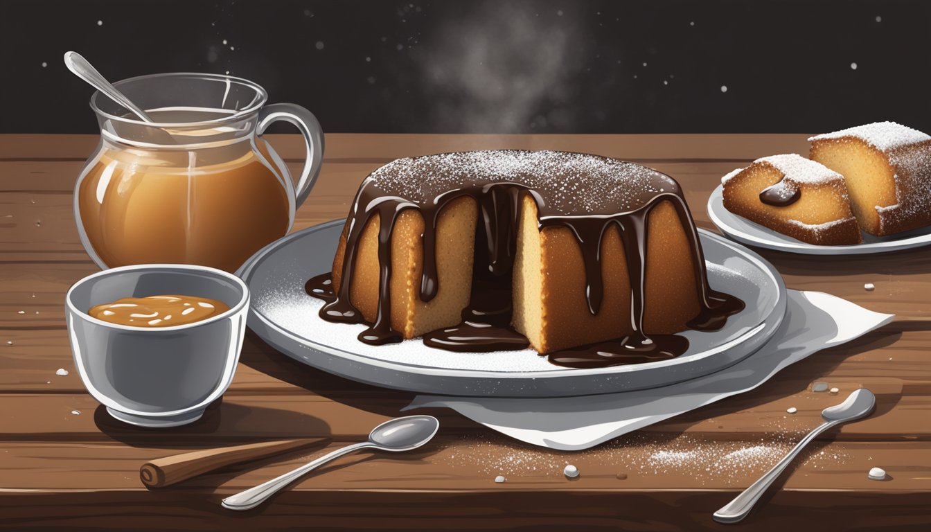 A toffee pudding sits on a rustic wooden table, surrounded by a dusting of powdered sugar and a drizzle of caramel sauce