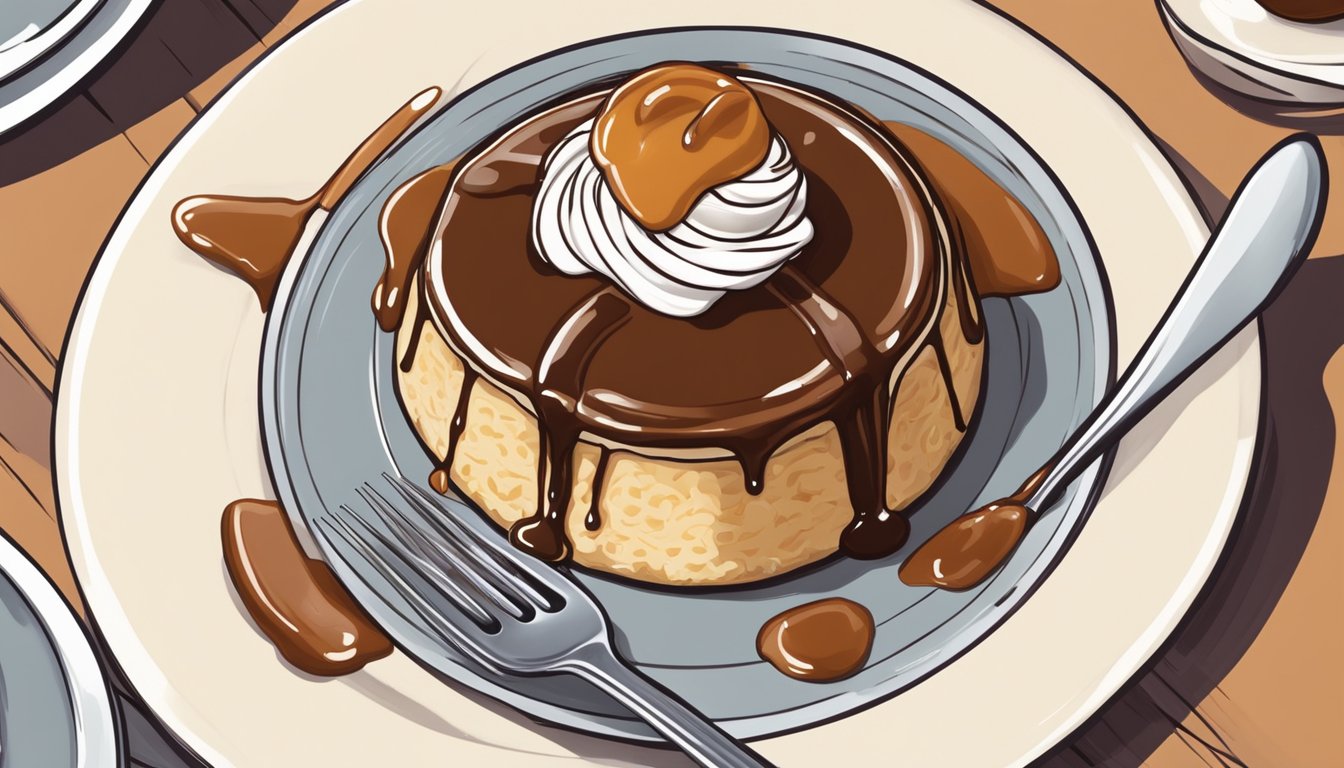 A toffee pudding sits on a plate, topped with a dollop of whipped cream and drizzled with caramel sauce. A fork pierces the pudding, ready to be enjoyed