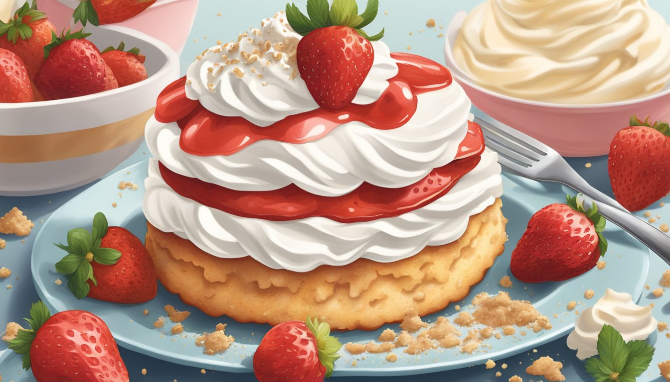 A strawberry shortcake being devoured by a fork, surrounded by scattered crumbs and a dollop of whipped cream