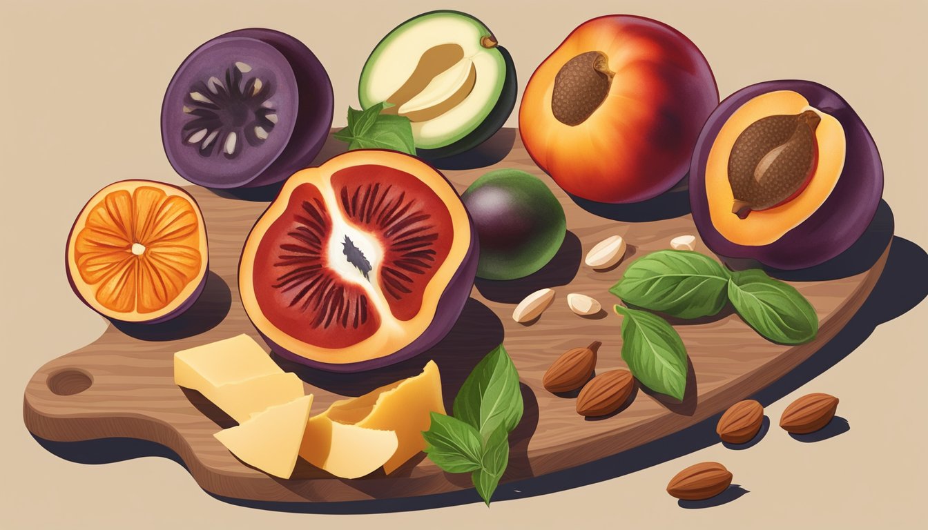 A tamarillo sliced open and arranged on a wooden cutting board, surrounded by a variety of complementary ingredients such as cheese, nuts, and herbs