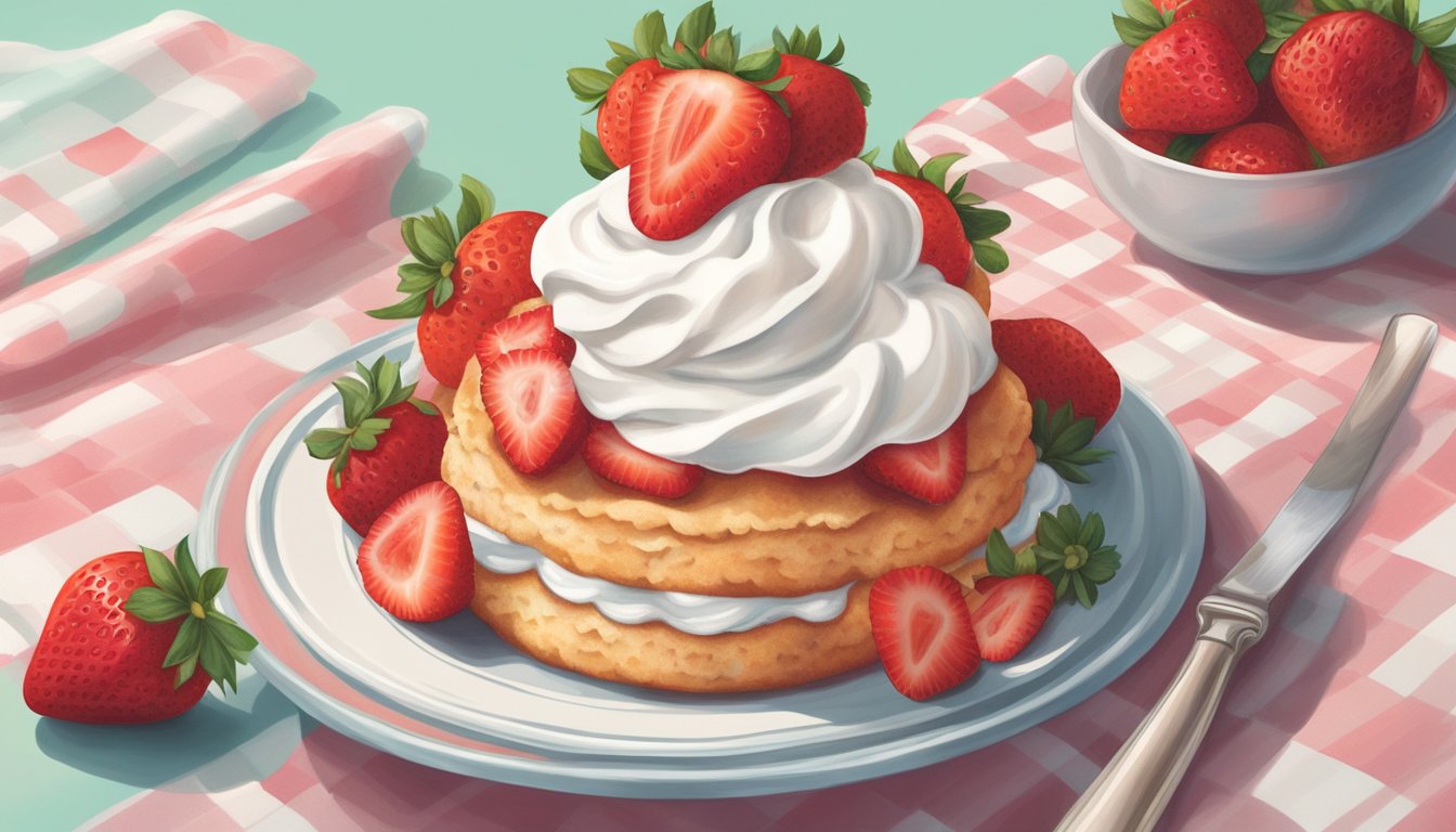 A strawberry shortcake being sliced and served on a plate with a dollop of whipped cream on top, surrounded by fresh strawberries