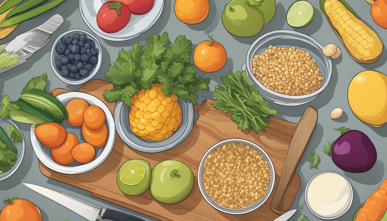 A kitchen counter with a variety of fruits, vegetables, grains, and eggs. A cutting board, knife, and meal prep containers are also present