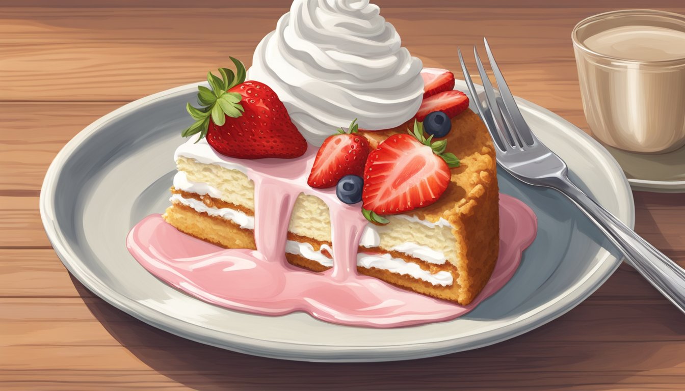 A slice of strawberry shortcake being lifted with a fork from a white plate on a wooden table, with a dollop of whipped cream on top