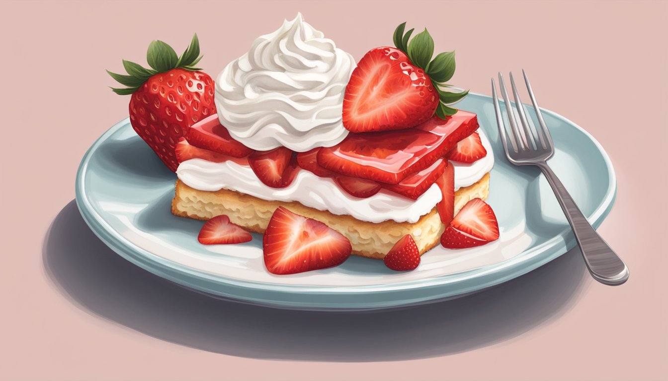 A slice of strawberry shortcake sits on a plate, topped with whipped cream and fresh strawberries