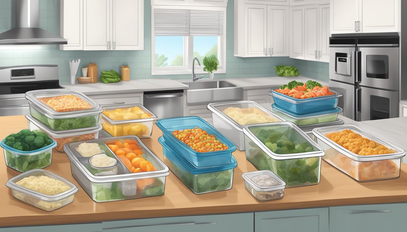 A kitchen counter with organized meal prep containers, labeled ingredients, and a variety of frozen meals ready for storage in the freezer