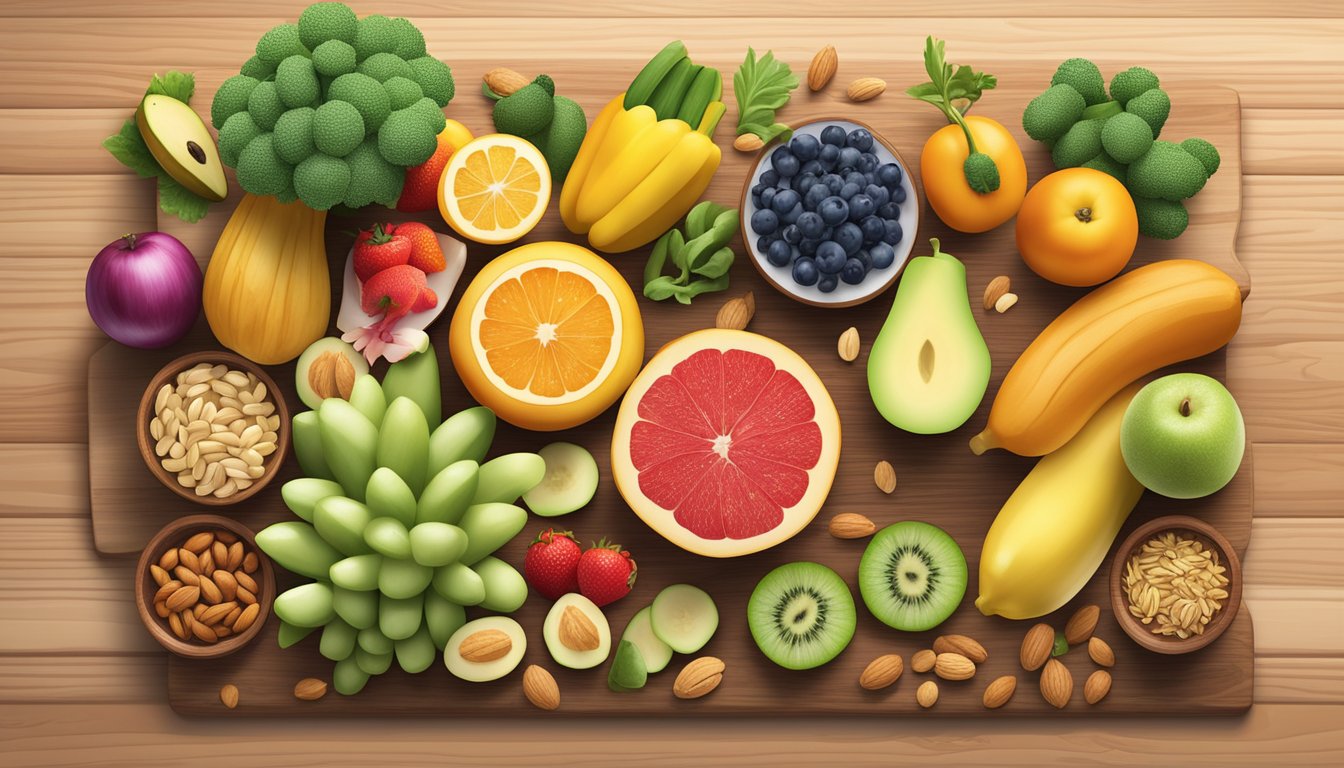 A colorful array of fresh fruits, vegetables, nuts, and whole grains arranged neatly on a wooden cutting board