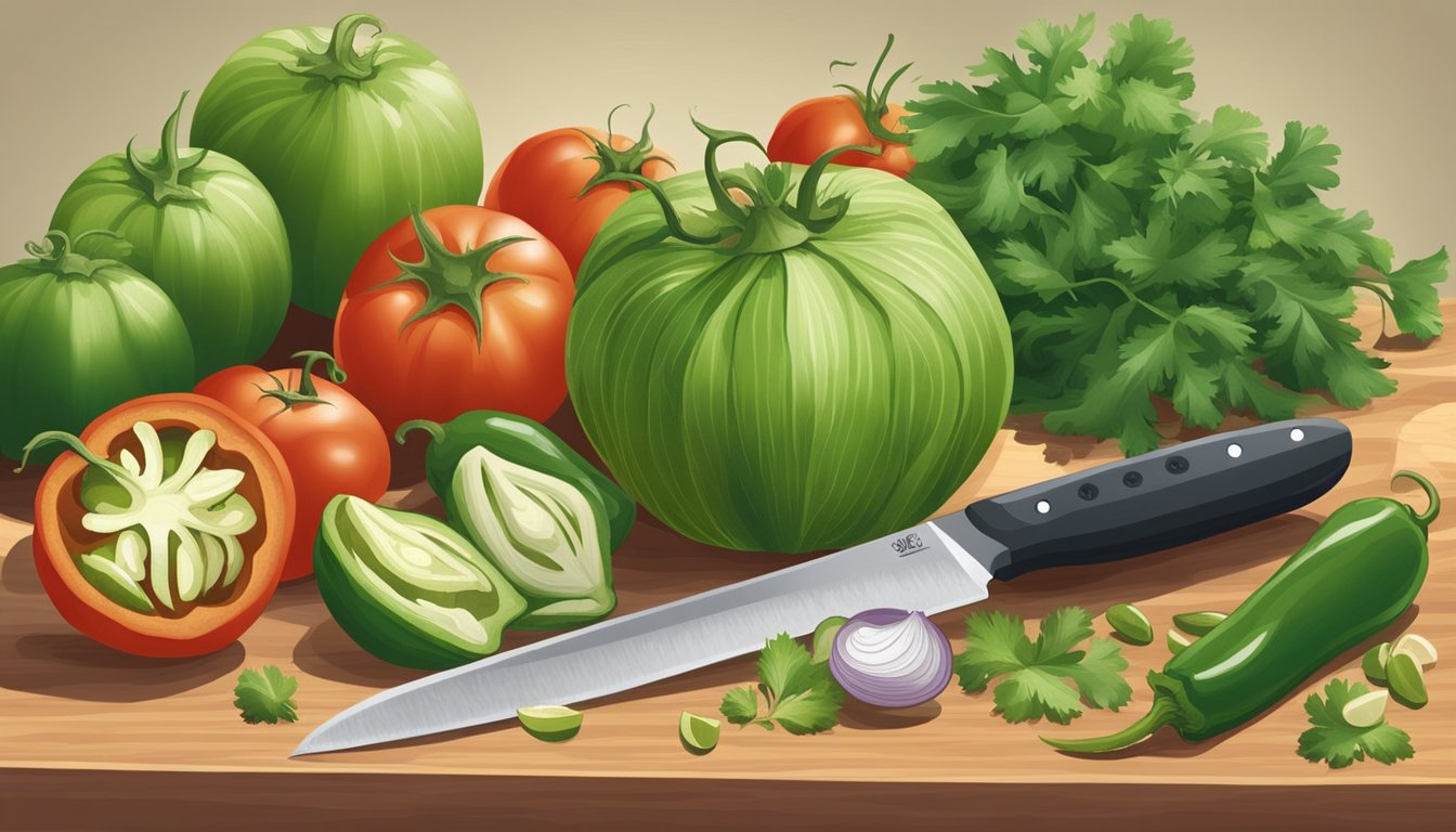 A tomatillo sits on a cutting board next to a variety of fresh ingredients including cilantro, onion, and jalapeno. A chef's knife is poised to slice into the tomatillo