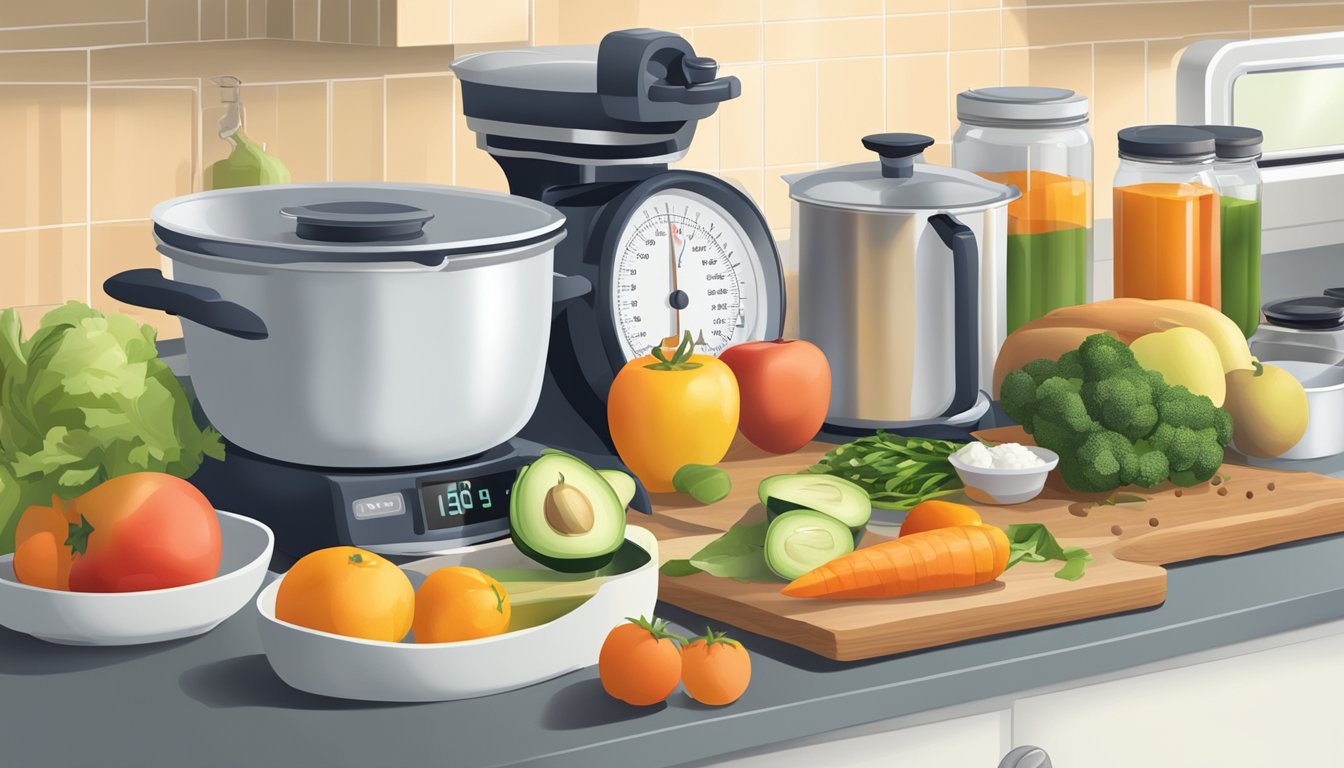 A kitchen counter with neatly organized containers of prepped food, a scale, and measuring cups. A cutting board with fresh fruits and vegetables, and a pot simmering on the stove