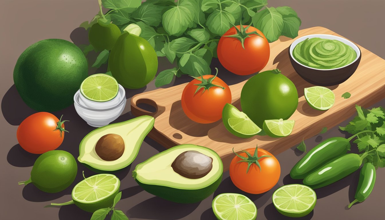 A tomatillo sits on a cutting board next to a variety of other fresh ingredients, including avocado, lime, cilantro, and jalapeno