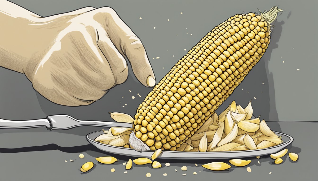 A cob of sweet corn being stripped of its husk and silk, ready to be eaten