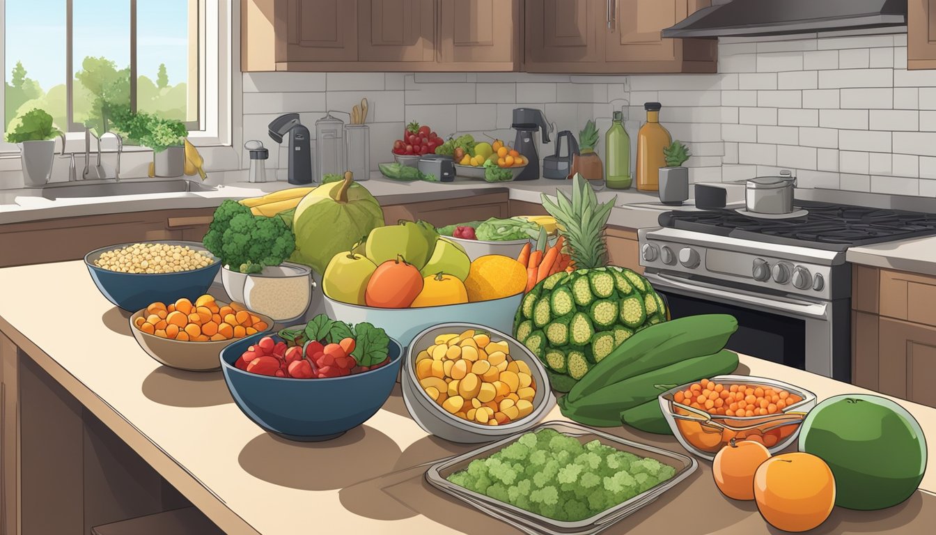 A kitchen counter with a variety of fresh fruits, vegetables, grains, and proteins laid out for meal prepping. Bowls, cutting boards, and utensils are arranged neatly nearby