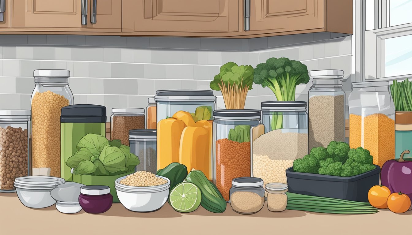 Various ingredients neatly organized on a kitchen counter, including fresh produce, grains, and proteins. Reusable containers and meal prep tools are also visible