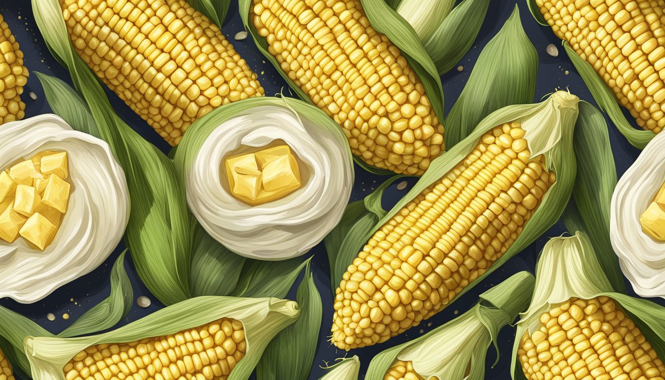 A cob of sweet corn surrounded by husks, with a pat of butter melting on top and a sprinkle of salt