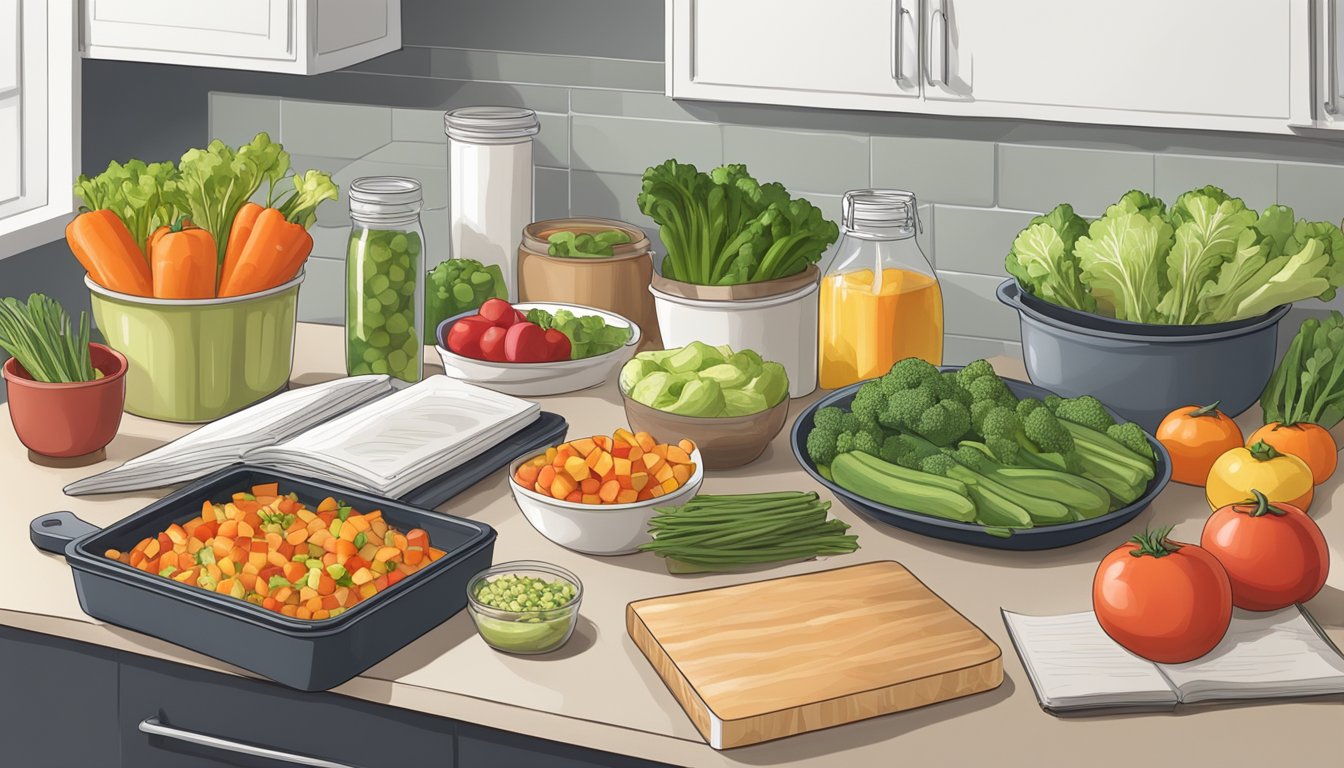 A kitchen counter with neatly organized containers of prepped food, a cutting board with fresh vegetables, and a cookbook open to a meal prep recipe