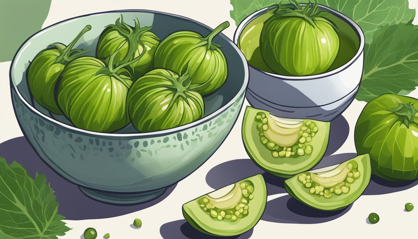 A tomatillo is being sliced open, revealing its bright green flesh and small seeds inside, while a bowl of salsa verde sits nearby