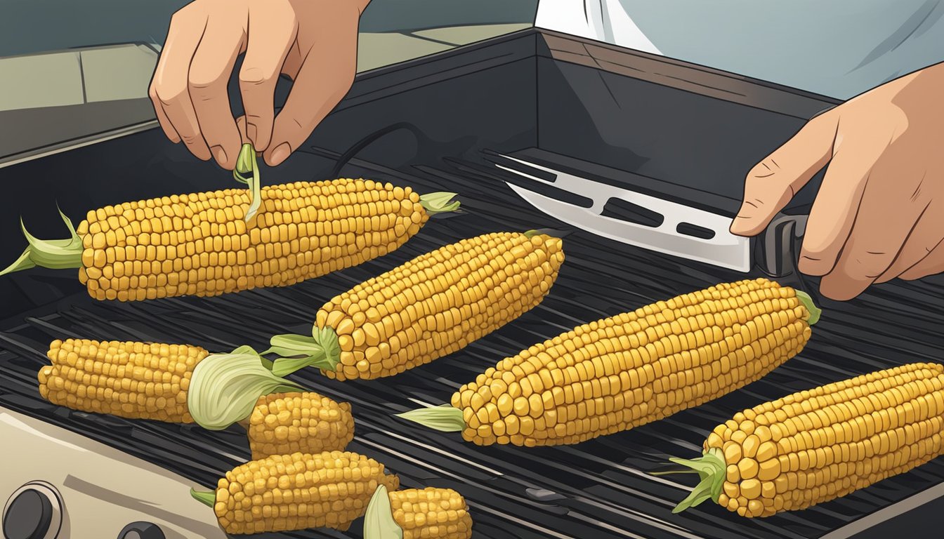 A person grilling sweet corn on a barbecue, rotating it on the cob with tongs