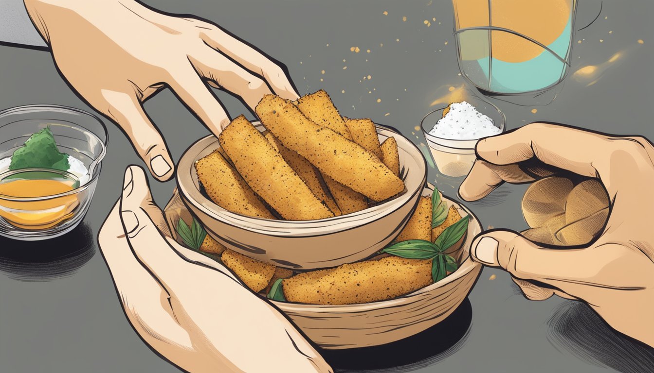 A hand reaching for a golden yuca fry, surrounded by a small bowl of dipping sauce and a sprinkle of salt