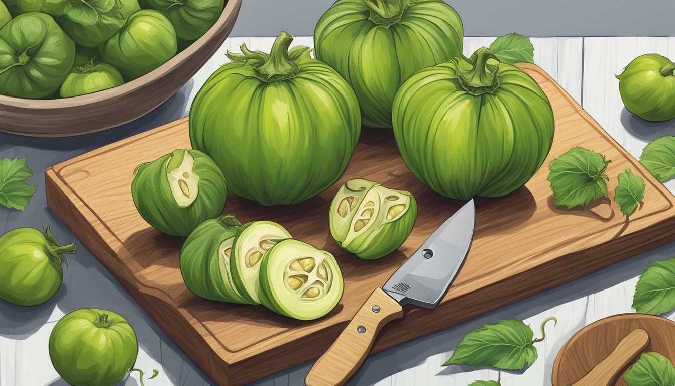 A tomatillo surrounded by other fresh produce, with a knife and cutting board nearby