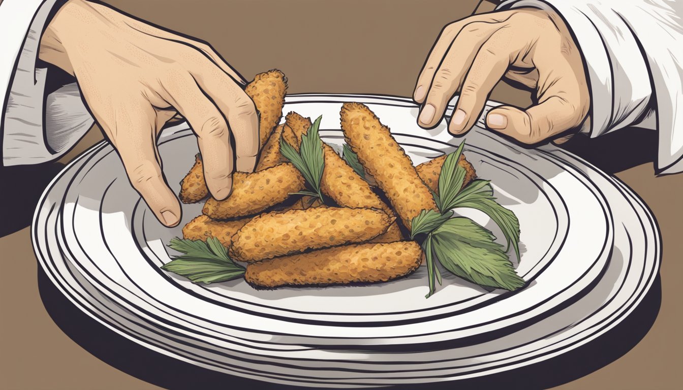 A hand reaching for a yuca fry on a plate, with a cautious expression and a napkin nearby for safety