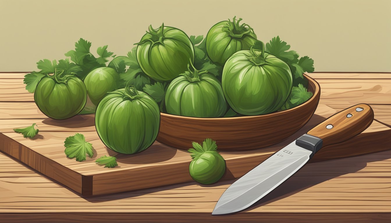 A tomatillo sits on a wooden cutting board next to a knife and a pile of cilantro. A bowl of salsa verde is nearby