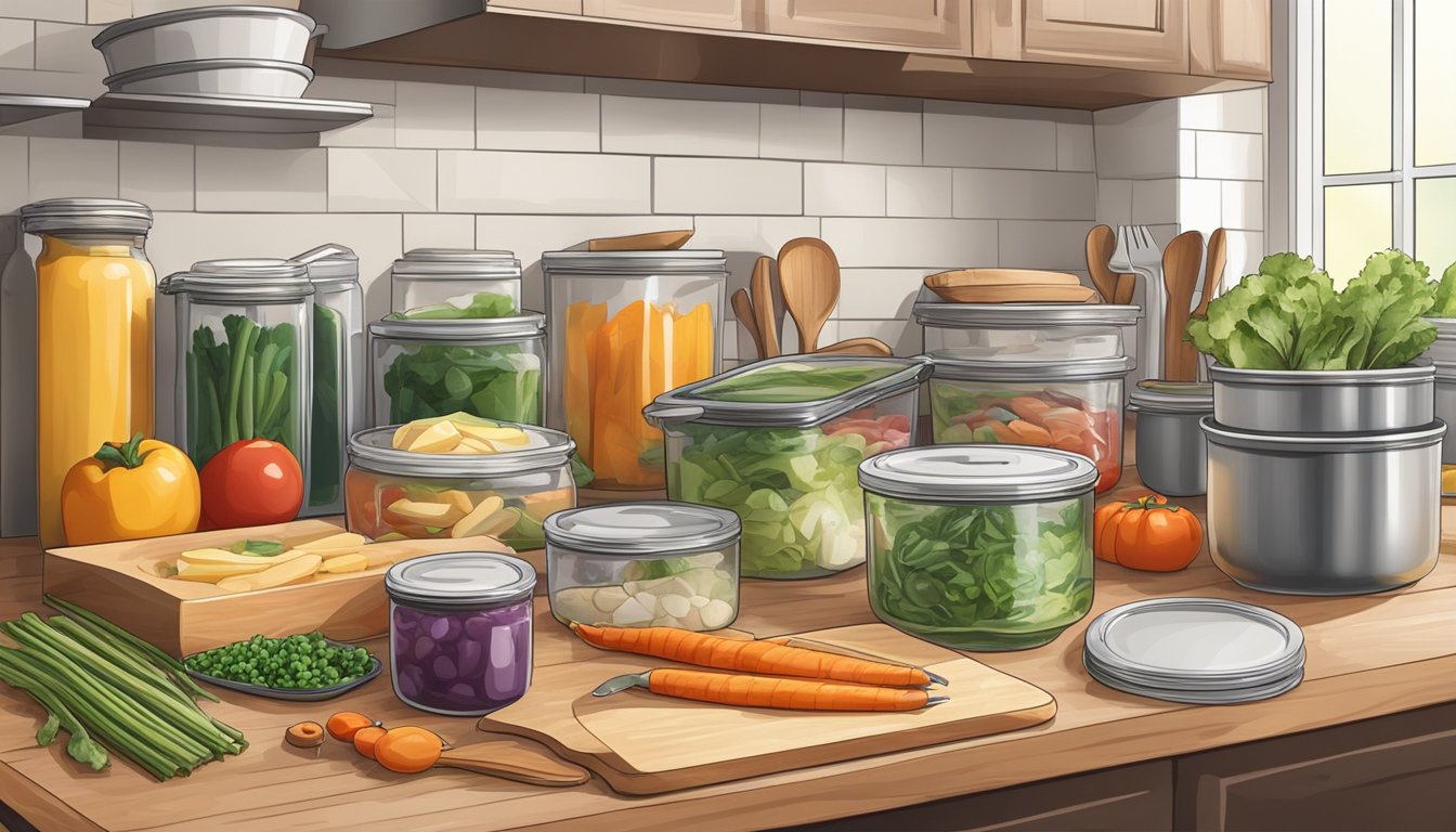 A kitchen counter with neatly organized containers of prepped food, surrounded by cutting boards, knives, and various cooking utensils