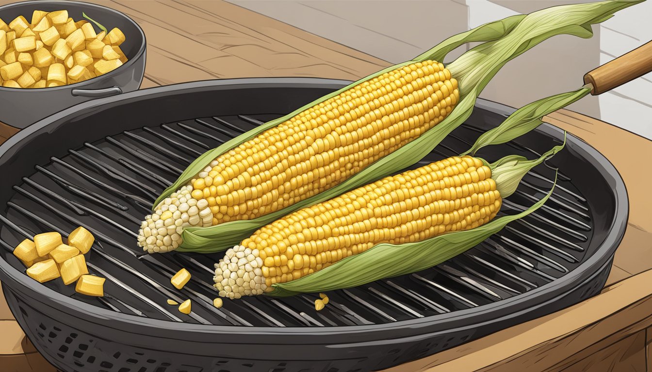 A golden ear of sweet corn being shucked and cooked over a charcoal grill