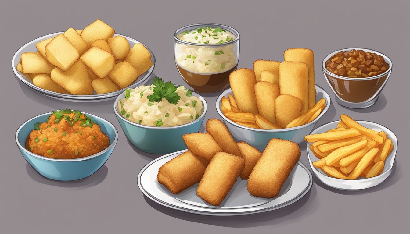 A plate of assorted yuca dishes, including yuca fries, yuca chips, and yuca croquettes, arranged in a visually appealing manner