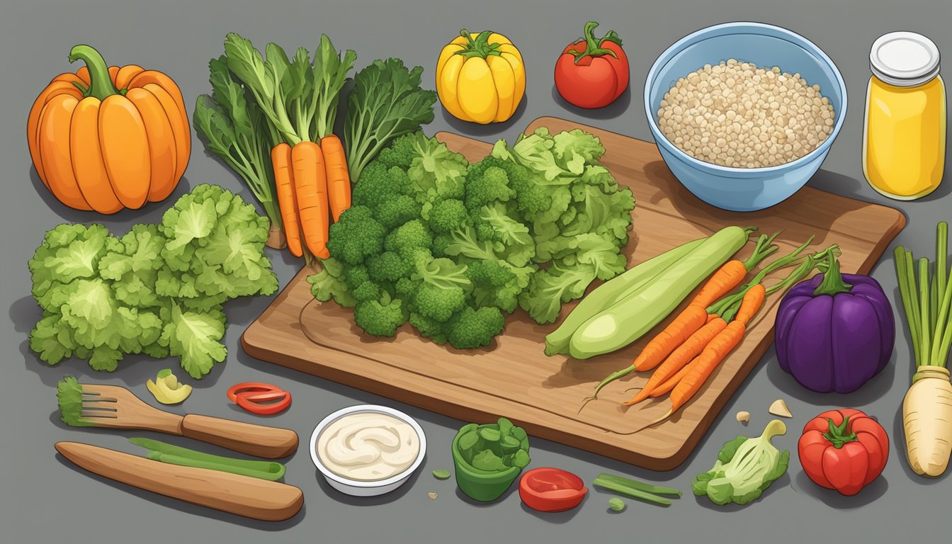 A variety of colorful vegetables arranged on a cutting board, with containers and meal prep tools nearby