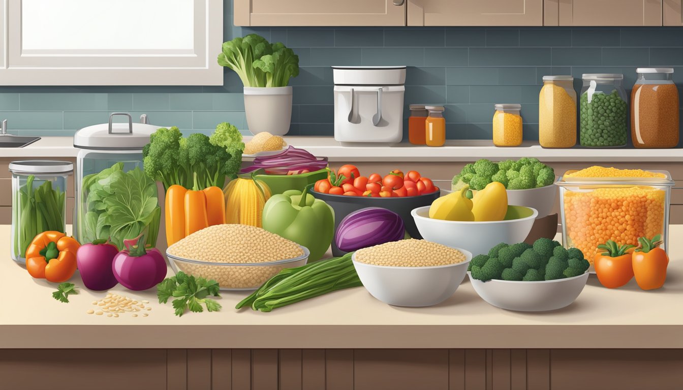 A kitchen counter with various containers filled with prepped food for different diets, including vegetables, proteins, and grains