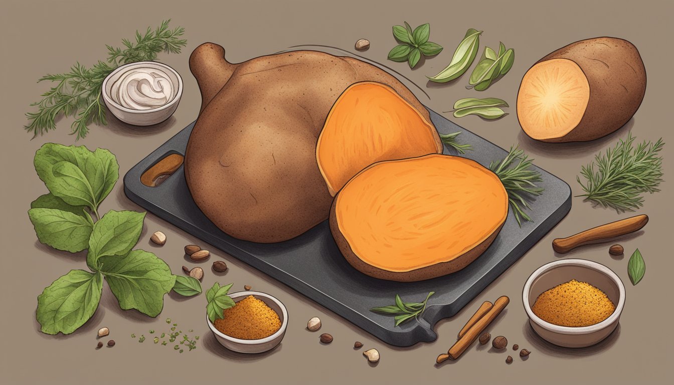 A sweet potato being sliced and roasted on a baking sheet, surrounded by various types of herbs and spices