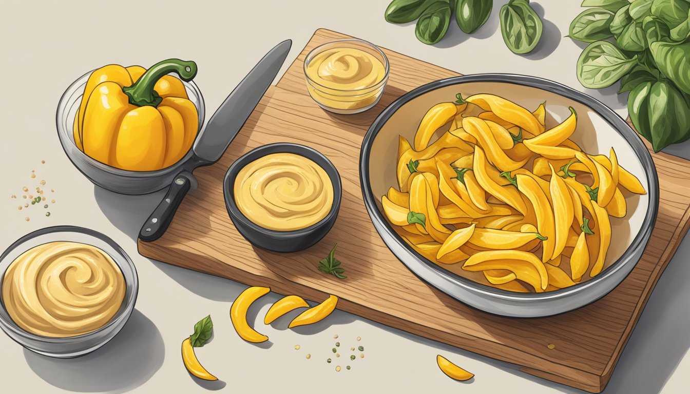 A yellow pepper sliced into strips on a cutting board, with a bowl of hummus and a sprinkle of salt nearby