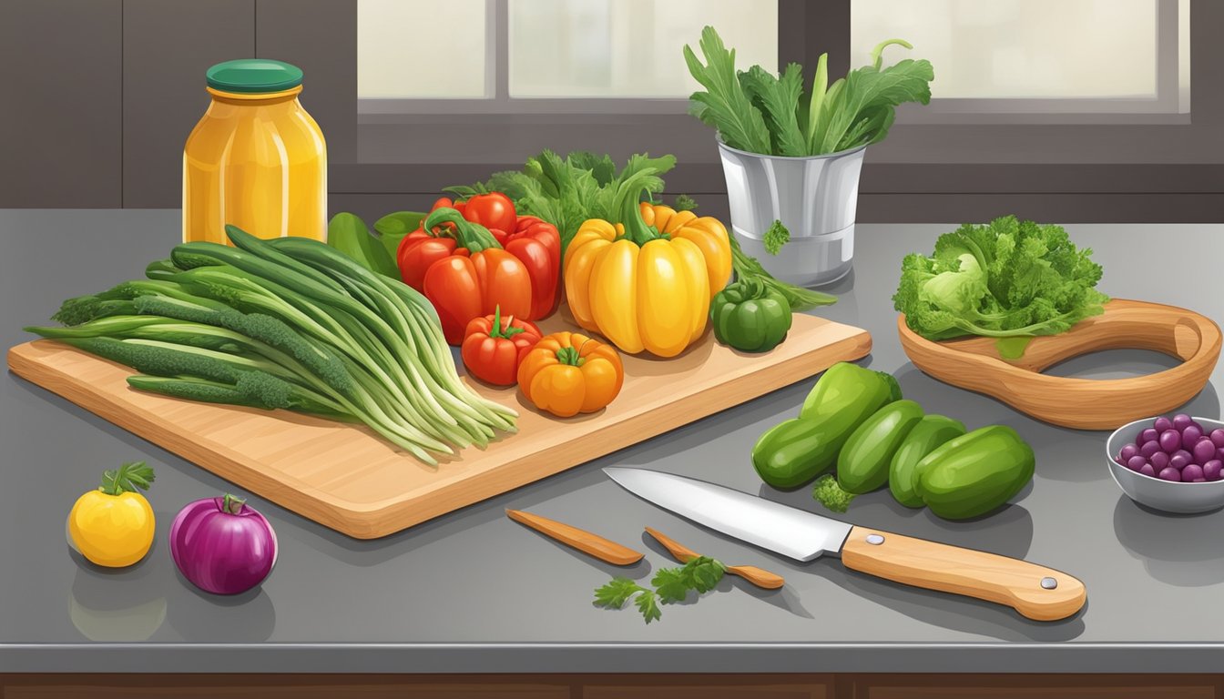 A kitchen counter with assorted fresh vegetables, cutting board, knife, and containers for portioning out meals