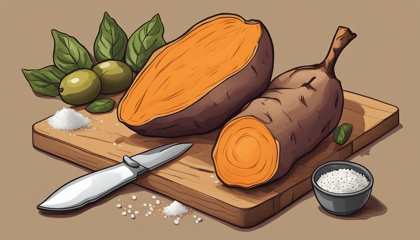 A whole sweet potato on a cutting board, surrounded by a knife, olive oil, salt, and pepper