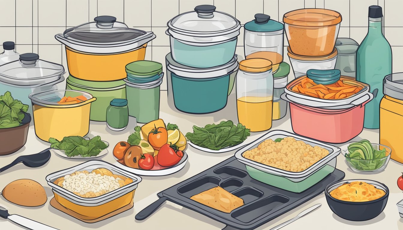 A kitchen counter with various meal prep containers filled with different food options, surrounded by colorful recipe books and cooking utensils