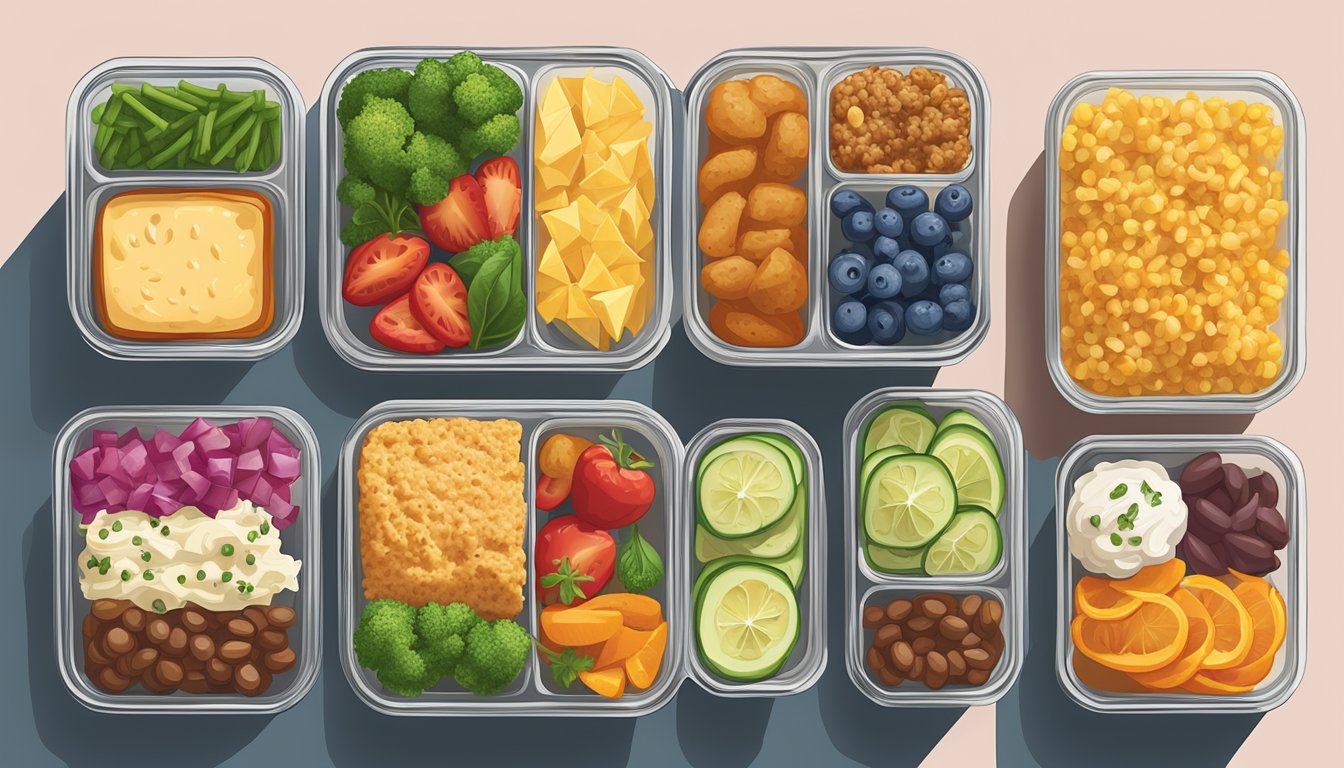 A colorful array of classic comfort foods neatly arranged in meal prep containers, with a variety of options to cater to picky eaters