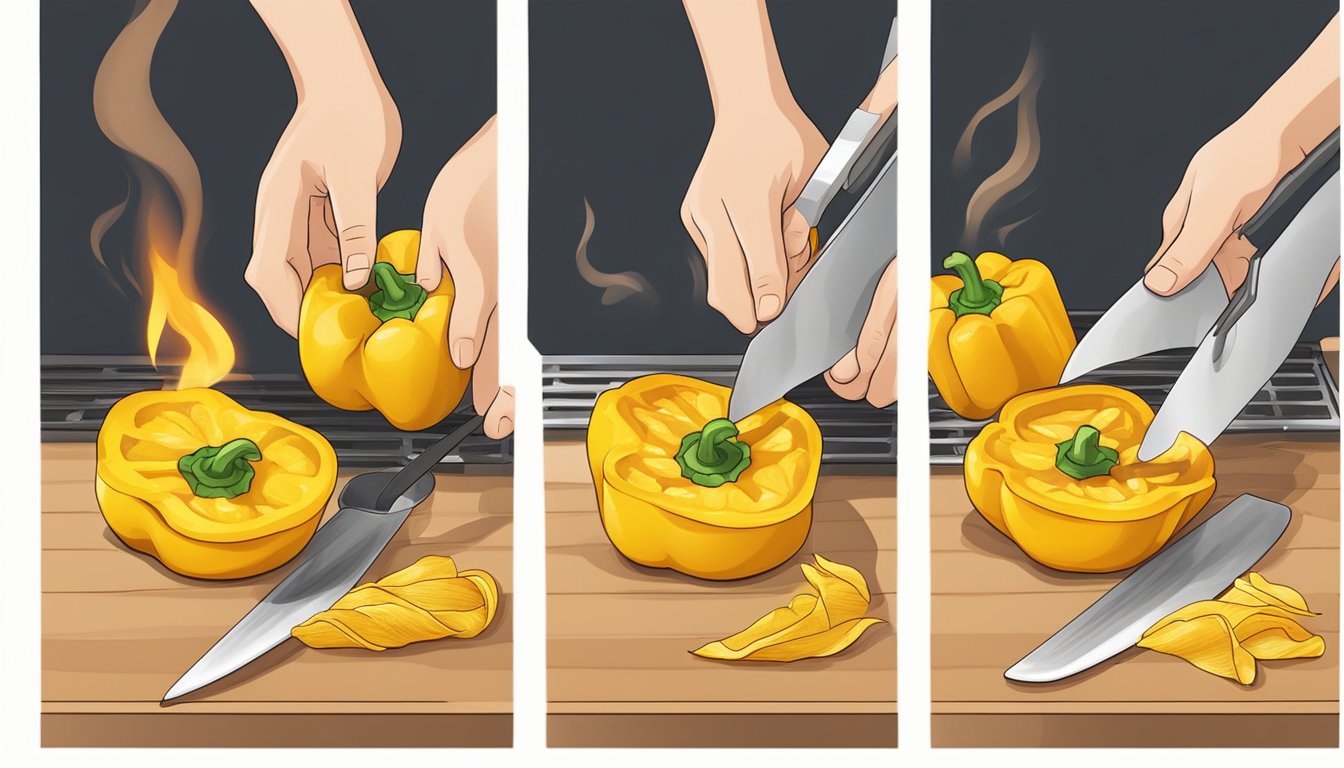 A yellow pepper being sliced and deseeded, then grilled over an open flame