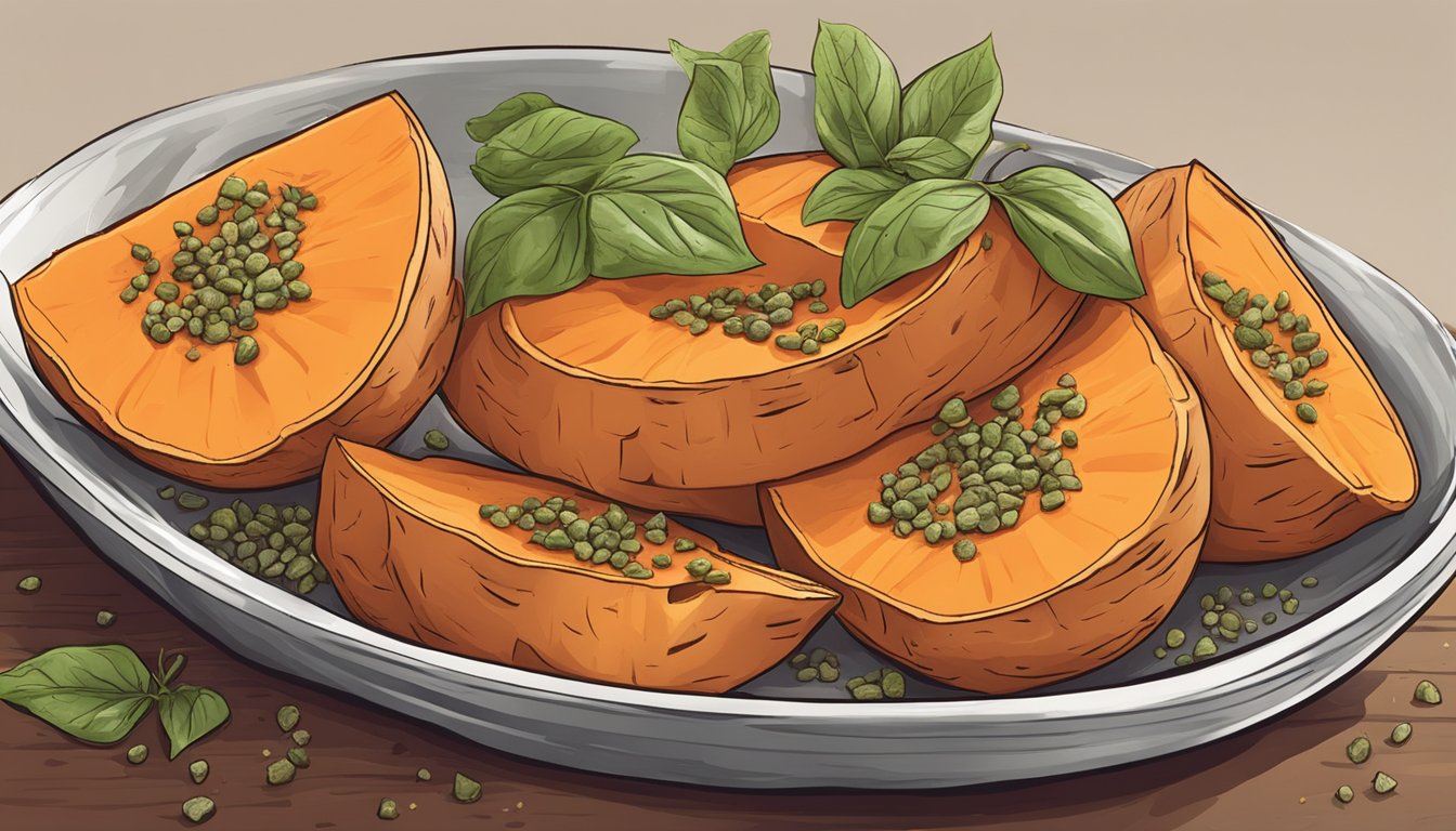 A sweet potato being sliced and seasoned with herbs and spices